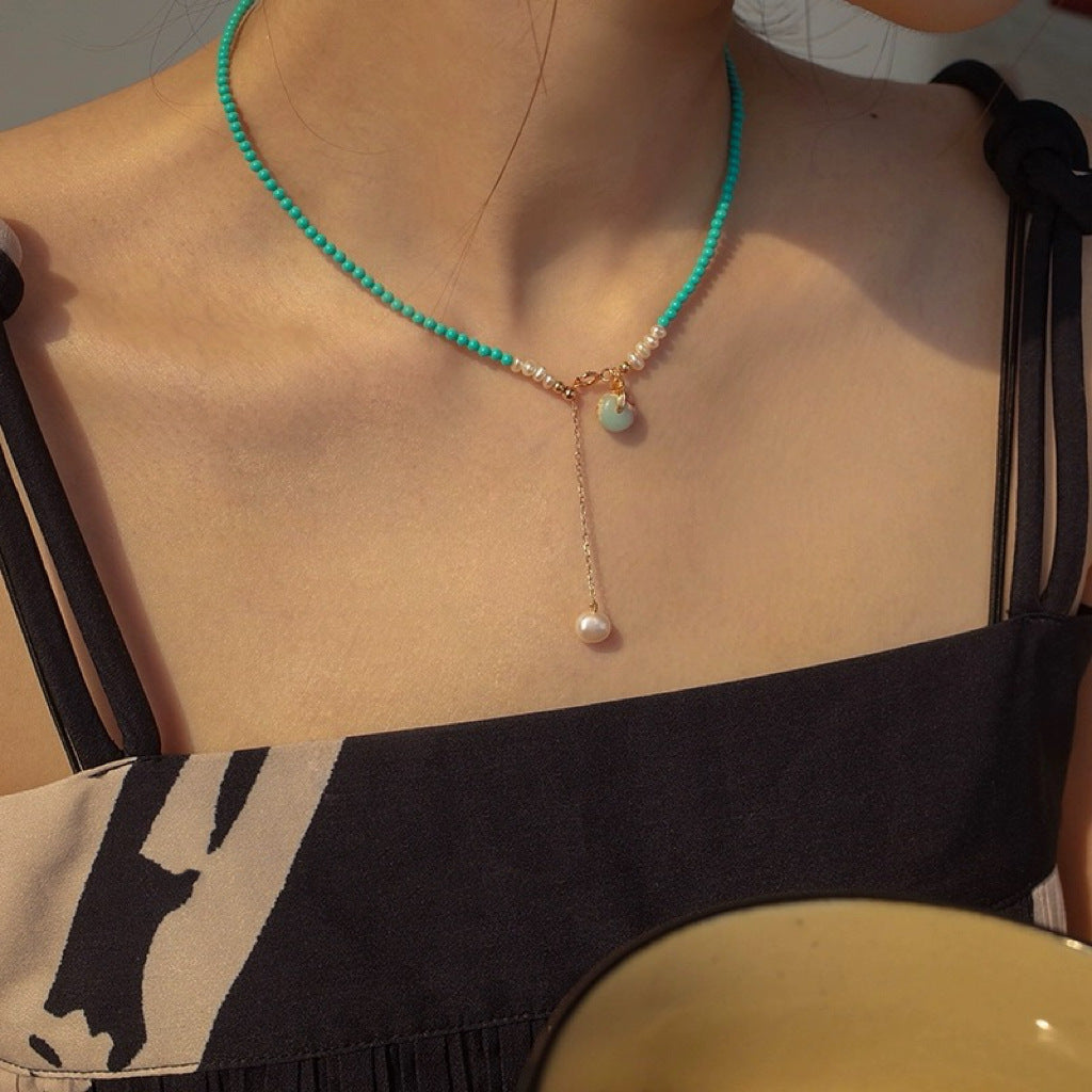 Natural Turquoise Freshwater Pearl Chinese Style Stone National Minority Simple Necklace