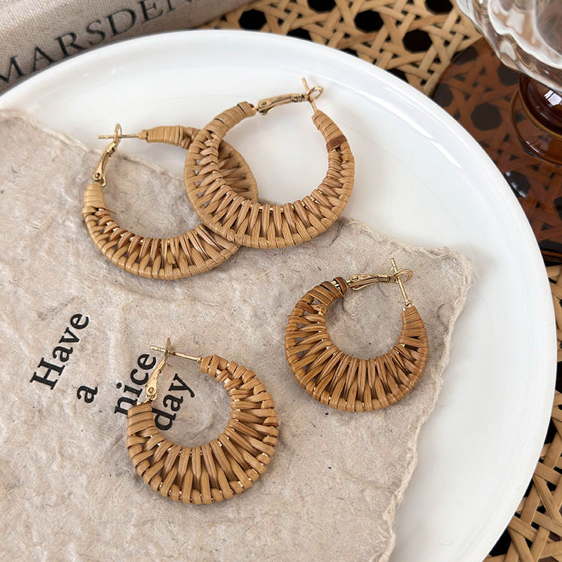 Women's Vacation Style Handmade Straw Woven Rattan For Seaside Graph Matching Earrings