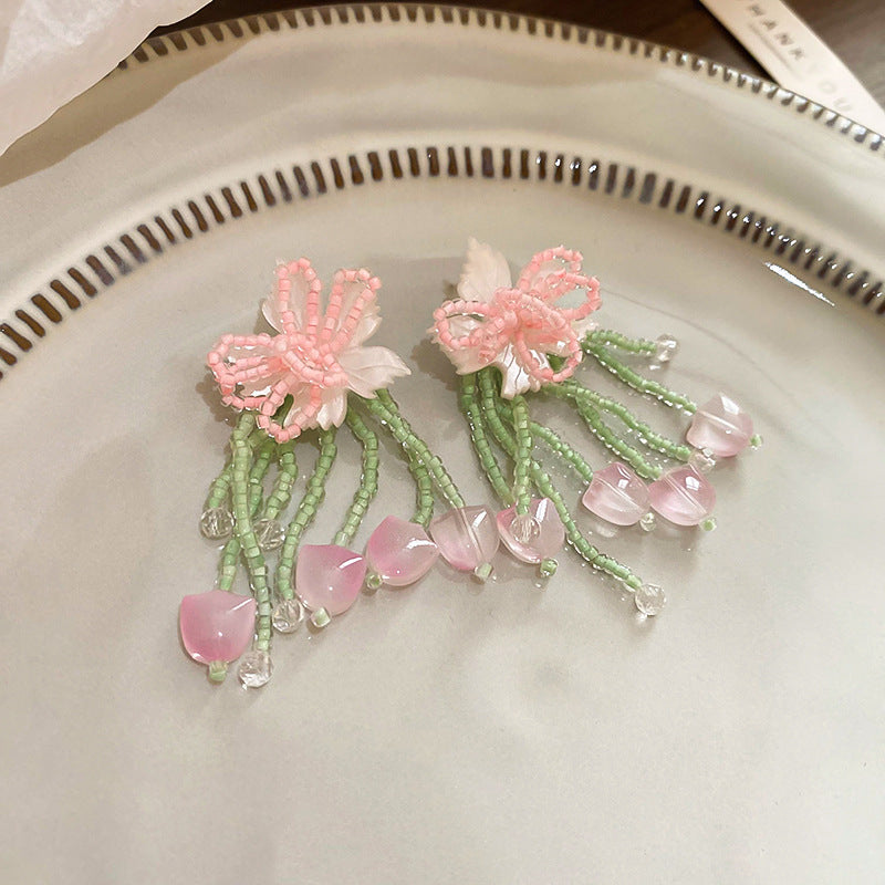 Dopamine Vacation Style Sier Needle Bead Flower Delicate Indie Earrings