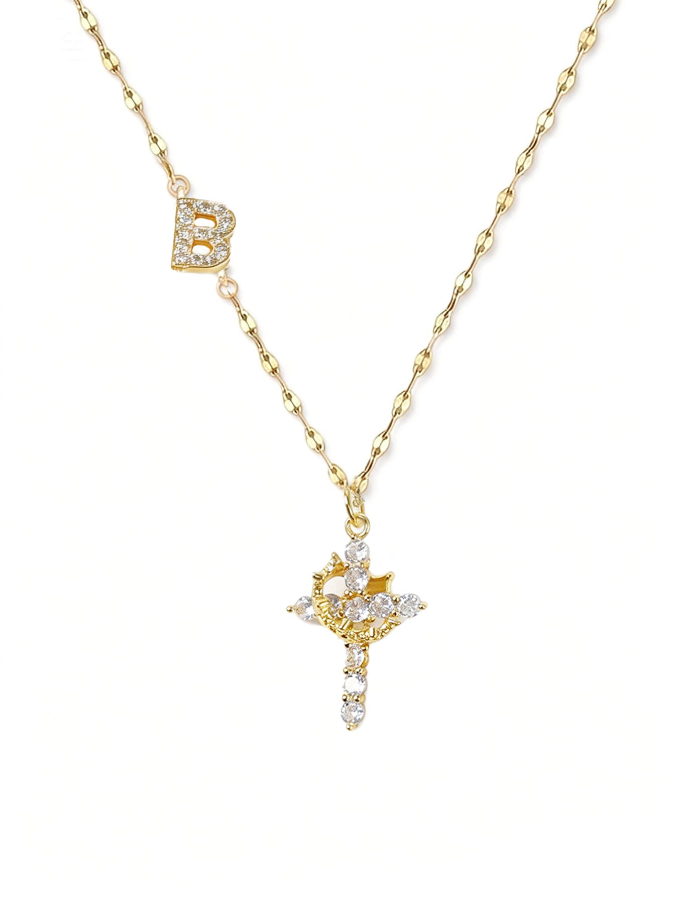 Full Diamond Rotatable Crown Cross With Letters Gold-plated Necklace