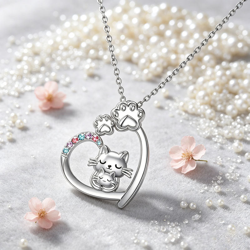 Kitty Cat's Paw Heart-shaped Colorful Crystals To Give Mom Mother's Necklace