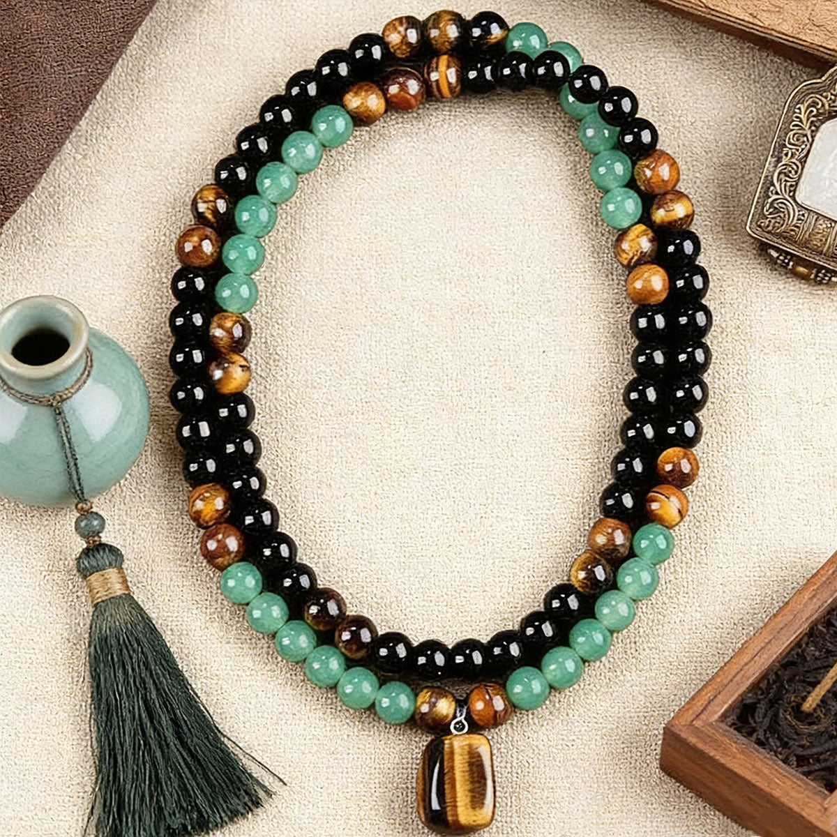 Women's & Men's Tigereye Square Plate Wealth Guard Beaded For Chinese National Pendants