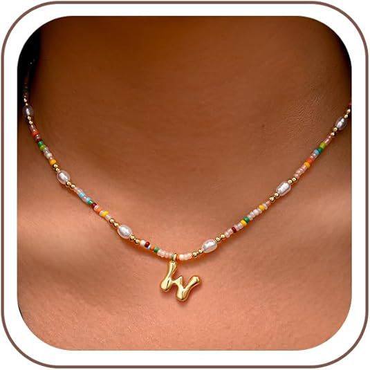 Best-selling Bubble Gold English Letter Color Small Beads Pearl Necklace