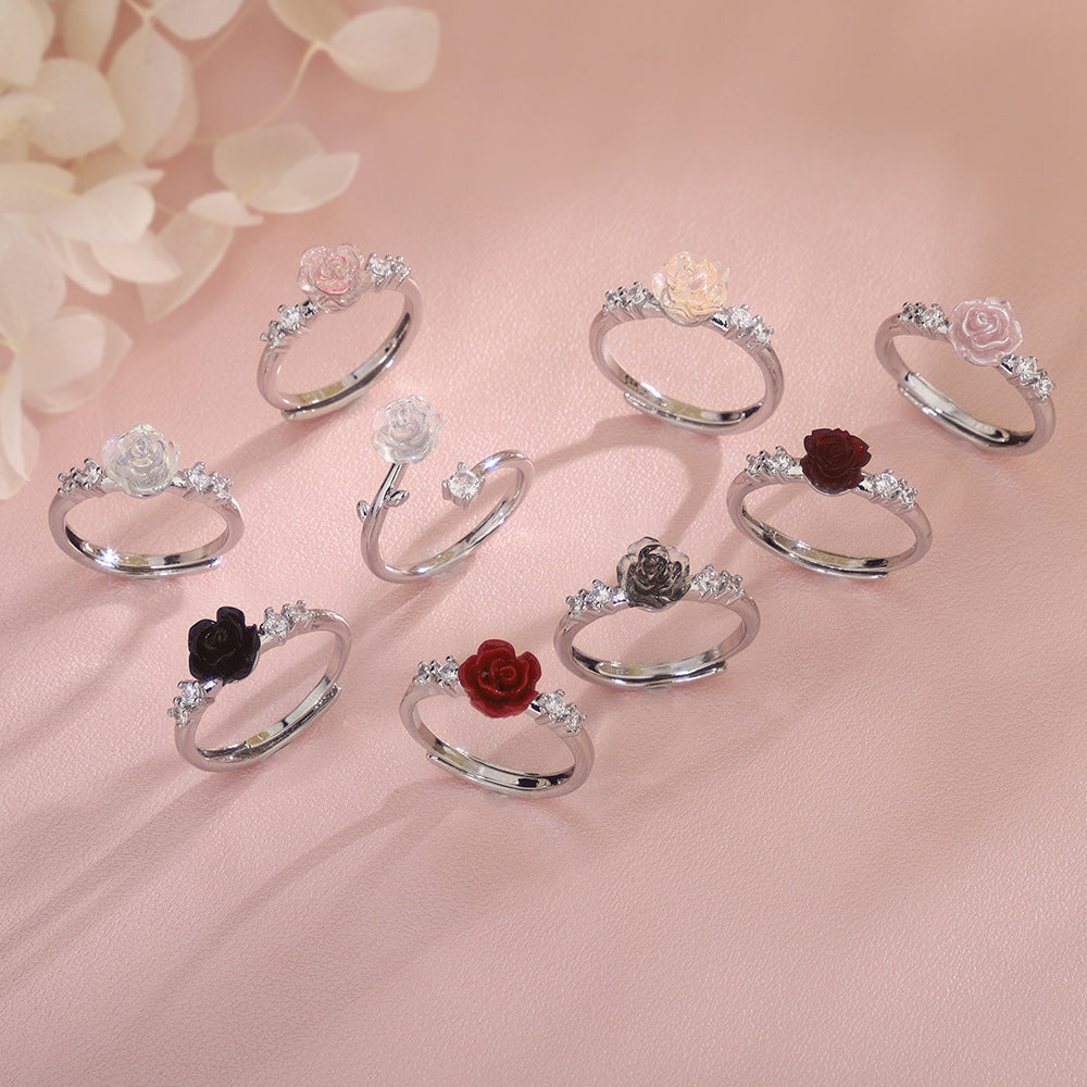 Selection Camellia Light Luxury High Sense Refined Rhinestone Colorful Rose Ring