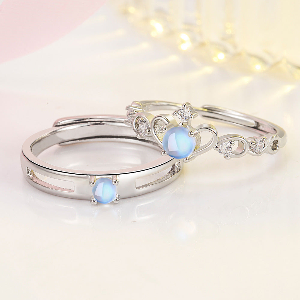 Women's & Men's Personality Open Moonlight Lovers Couple Moonstone Ring