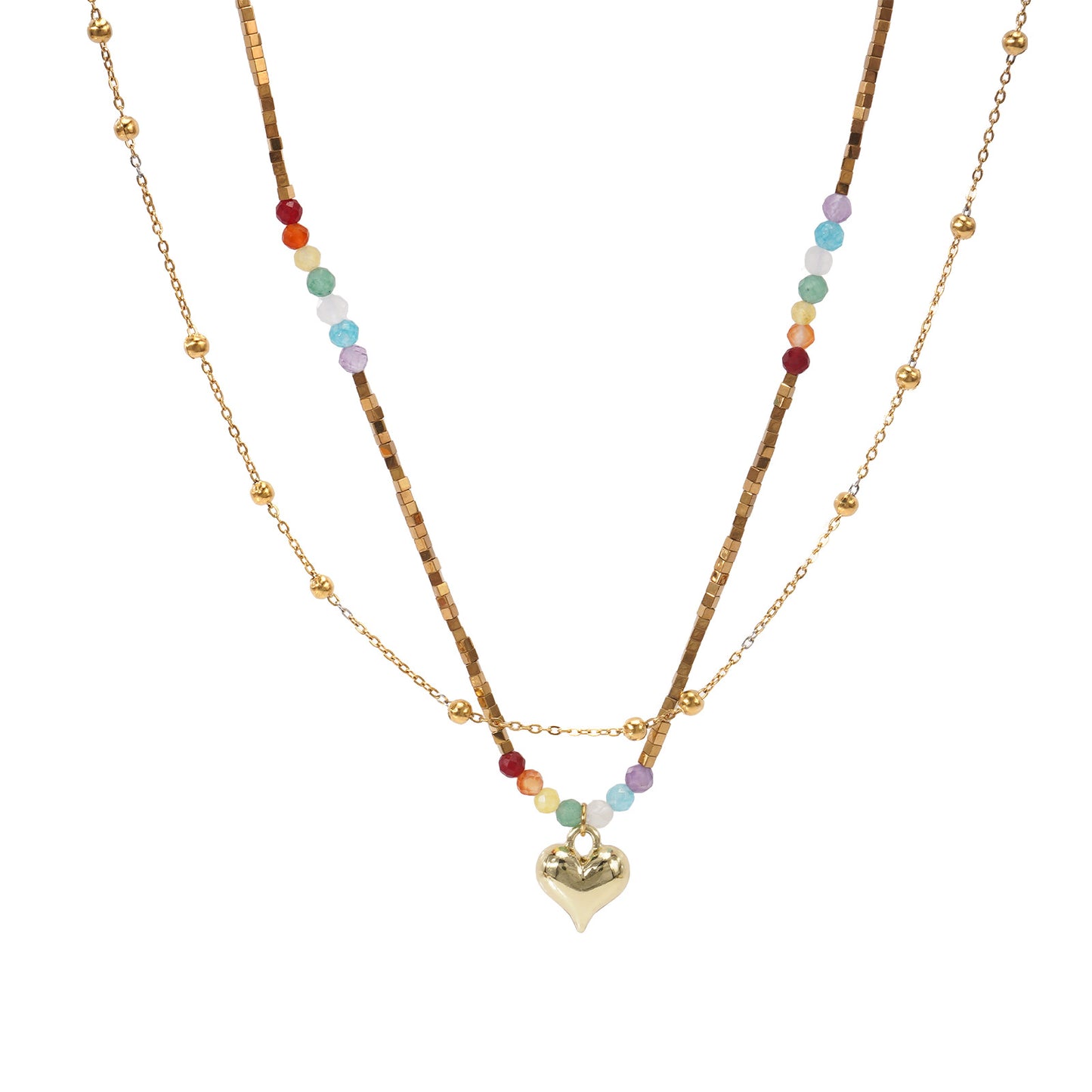 Beaded Double Layer Twin Vacation Style Metal Chain Love Necklaces