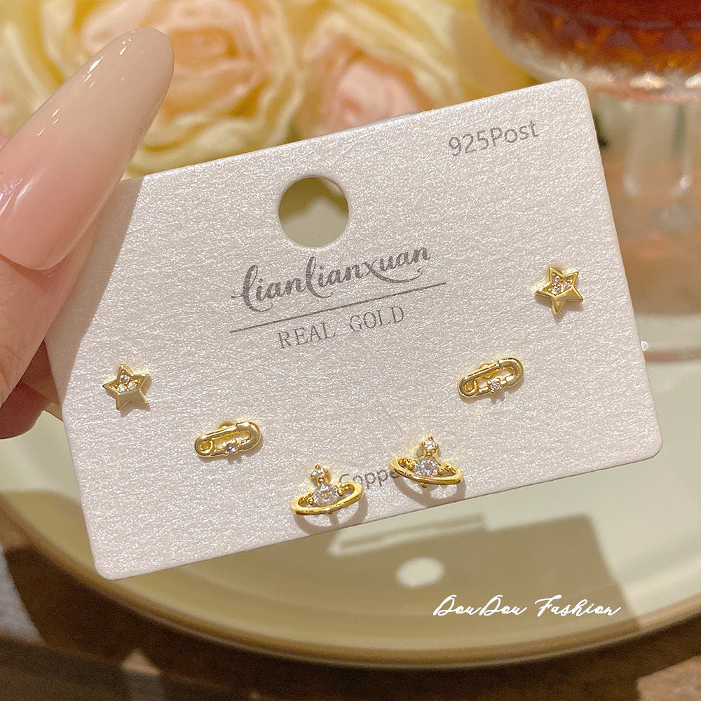 Women's Needle One Card Three Pairs Earings Small Delicate Summer High-grade Stud Earrings