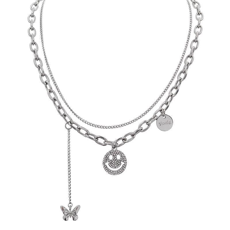 Rhinestone Smiley Butterfly Female Fashion Clavicle Chain Niche Double Necklaces