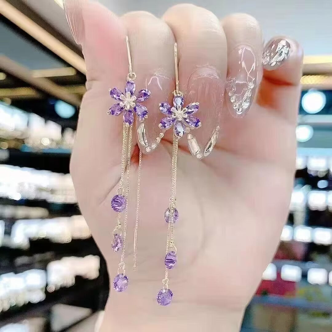 Purple High-grade Flower Trendy Temperamental Long Eardrops Niche Ear Line