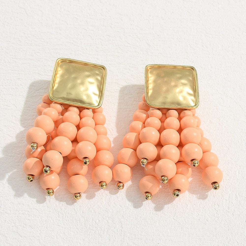Women's Retro Red Wooden Bead High-grade Light Luxury Holiday Atmosphere Earrings