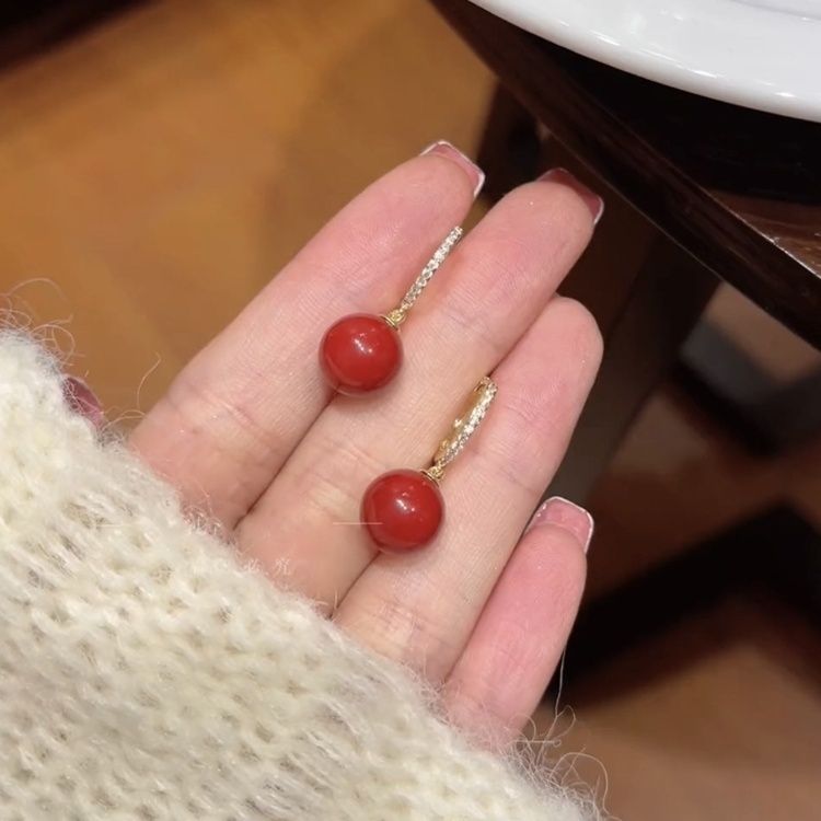 Sense Red Pearl Sier Needle Exquisite Versatile Earrings