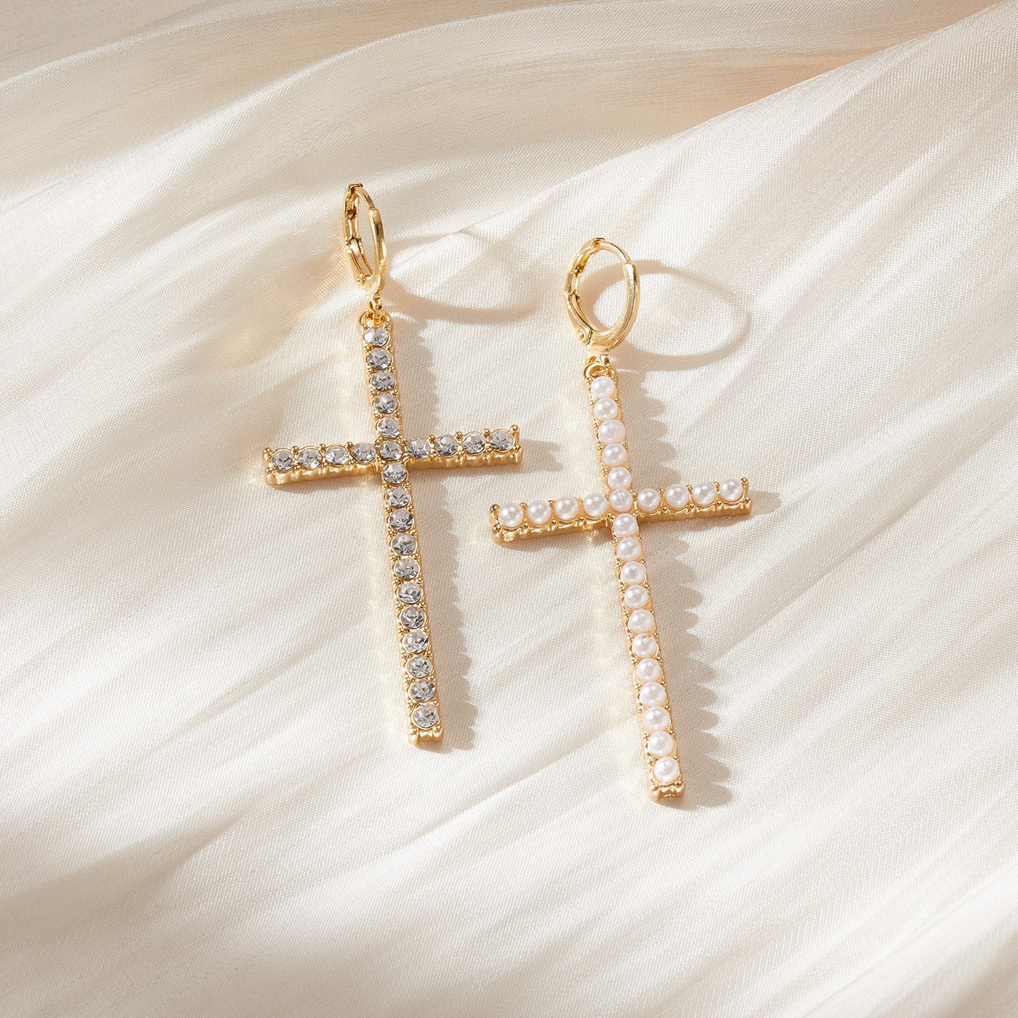 Women's High-grade Temperament Cross Pearl Rhinestone Asymmetric Earrings