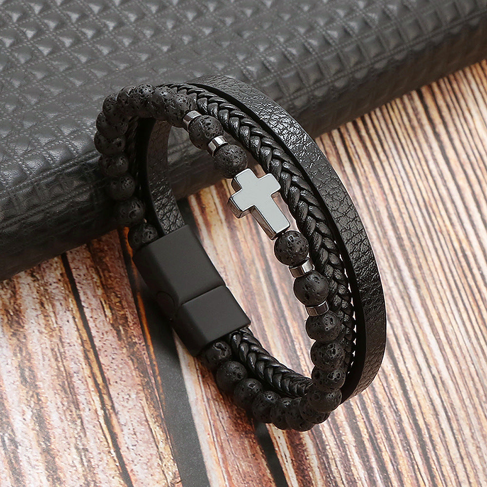 Stone Stainless Steel Obsidian Volcanic Rock Elements Simple Bracelet