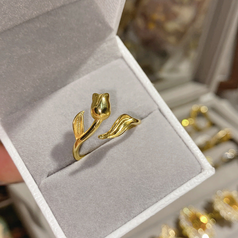 Camellia Fashion Romantic French Golden Rhinestone Gold Plated Ring