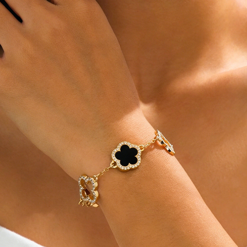 Luxury Four-leaf Clover Rhinestone Female Pink Zircon High Rings