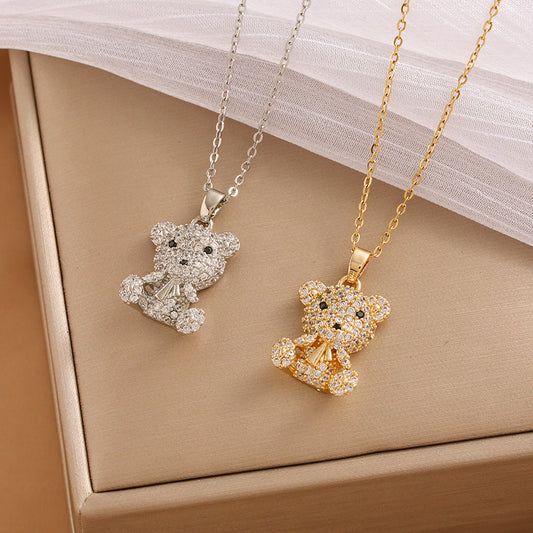 Steel Three-dimensional Bear Temperament Micro Rhinestone Female Exquisite Necklaces