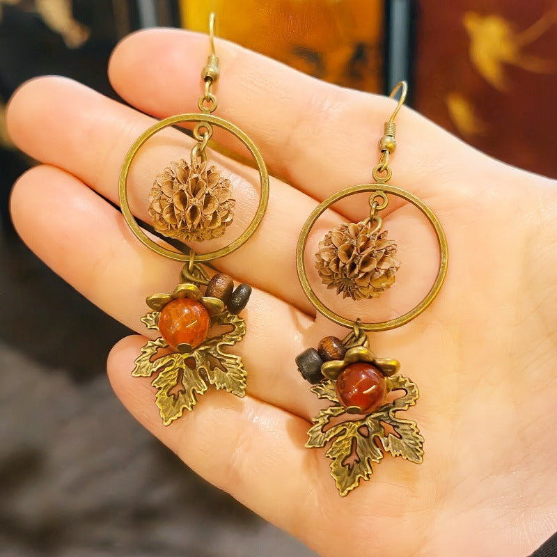 Palace Niche Exotic Plant Dried Fruit Maple Leaf Dangling Earrings