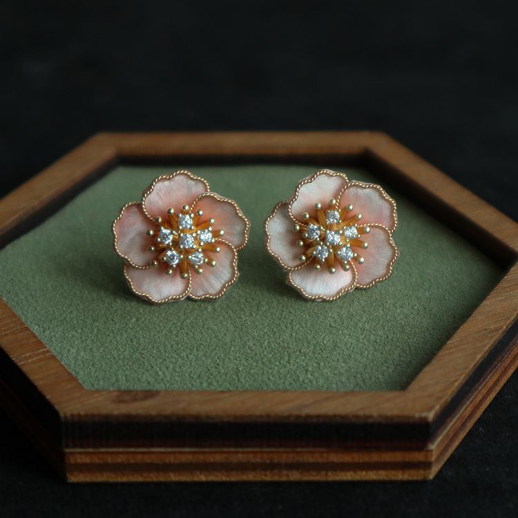Spring Cherry Blossom Pink Handmade Filigree Veet Flower Sweet Trendy Earrings