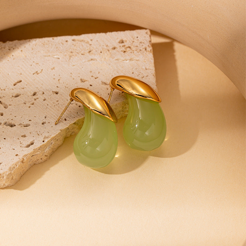 Korean Simple Fresh Minority Color Water Drop Resin Titanium Stud Earrings