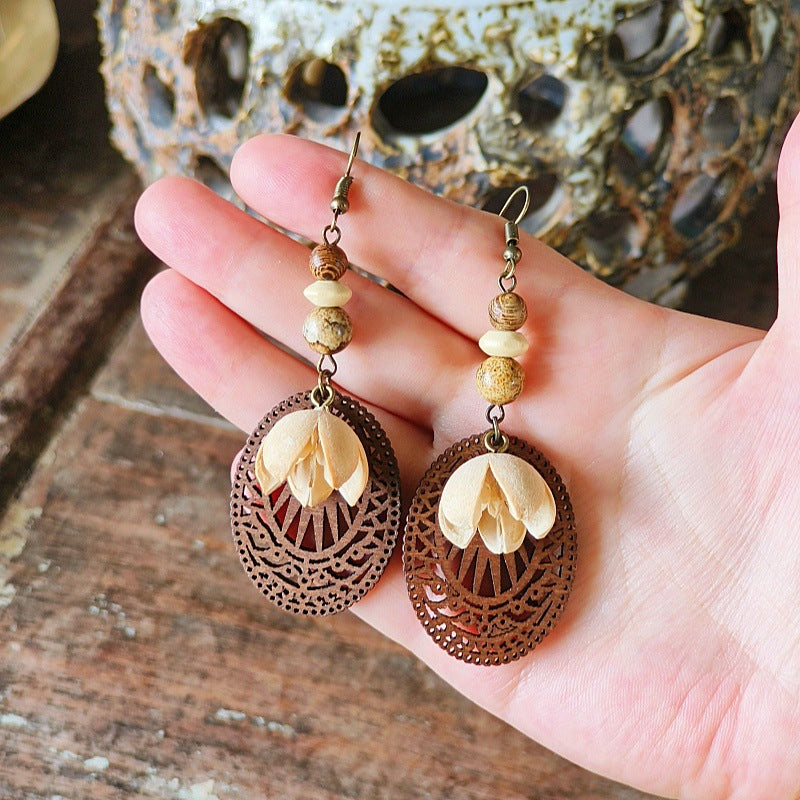 Style Retro Minority Mori Bohemian Indian Wandering Hollow Wood Grain Earrings