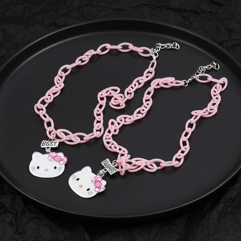 Round Beads Cute Cat Pink Lock Gift Necklace
