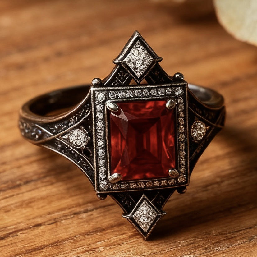 Women's Retro Sier Inlaid Red Square Diamond Ring