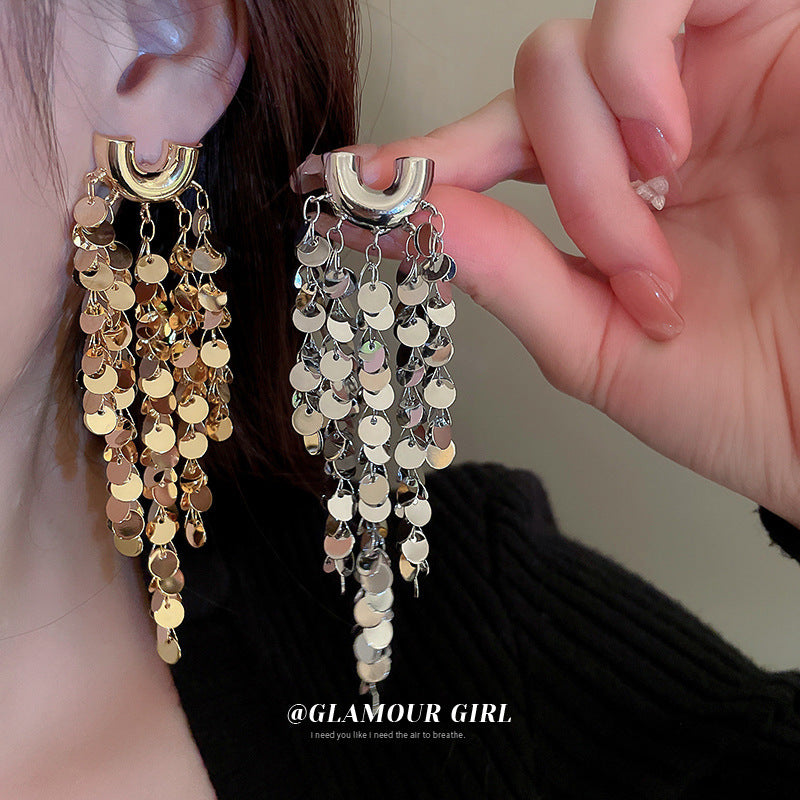 U-shaped Cluster Sequins Long Fringe Heavy Metal Earrings