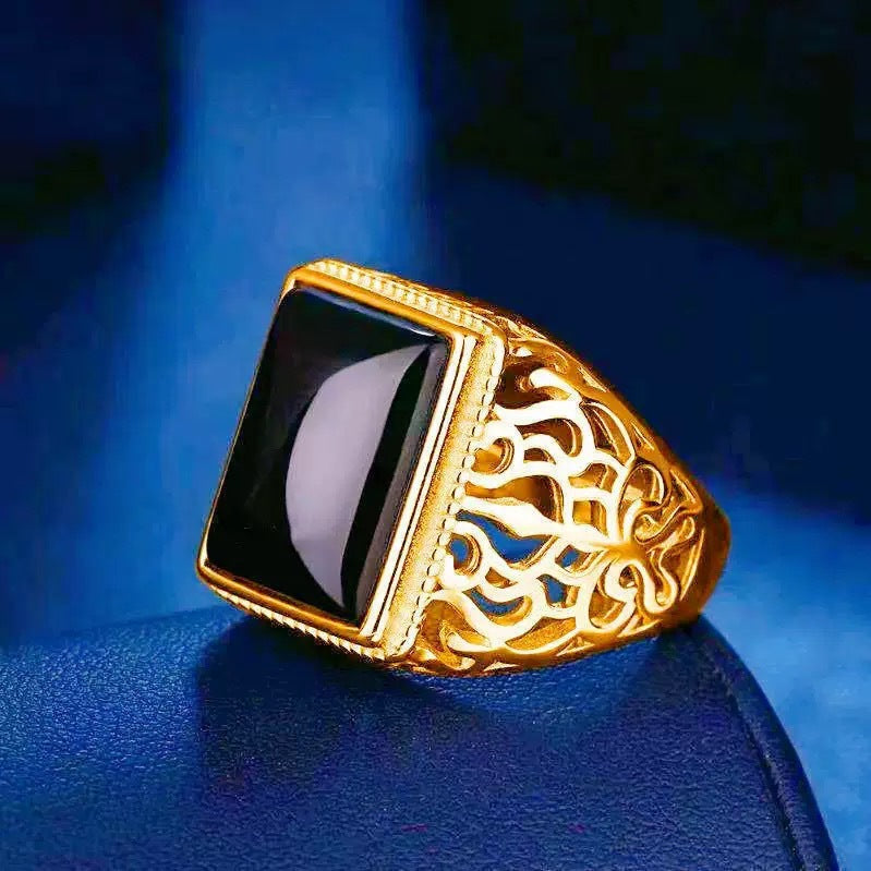 Men's Imitation Gold Green Agate Gemstone Live Streaming Welfare Rings