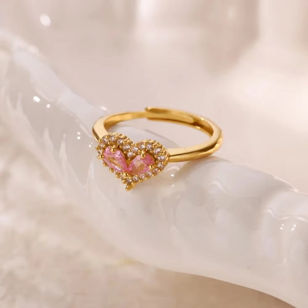 Women's Pink Loving Heart Zircon Gold-plated Starry Border Ring