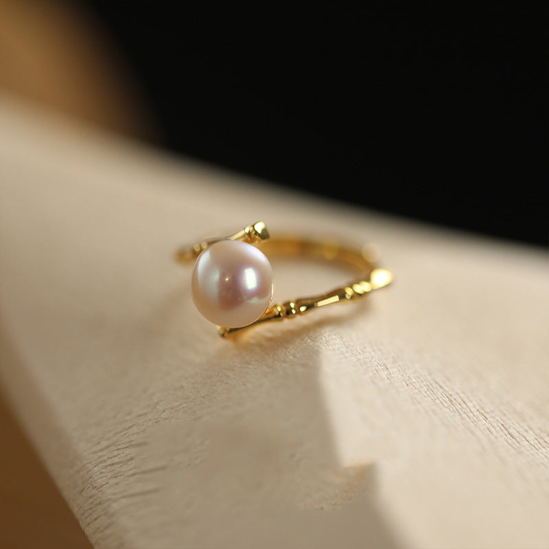 Women's Pearl Bamboo Light Luxury High Sense Design Simple Graceful Open Ring