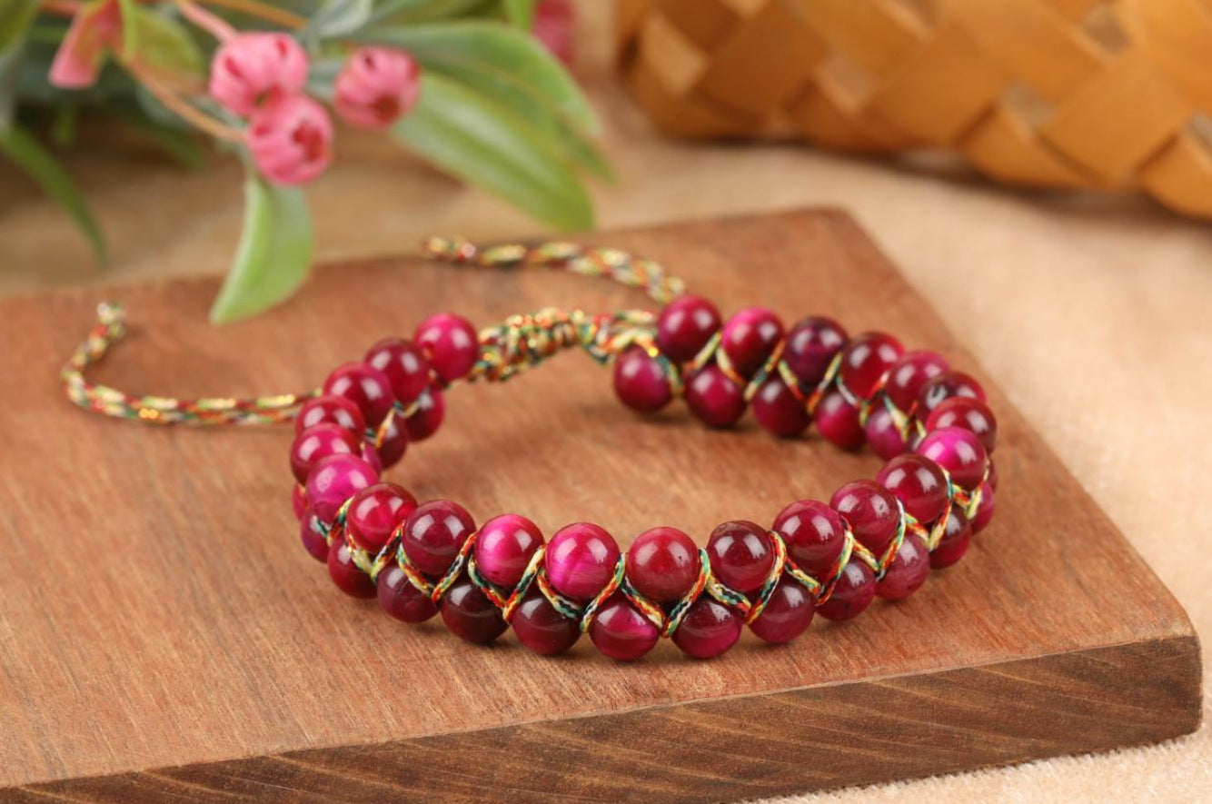 Colorful Tigereye Round Beads Hand-woven Adjustable Bracelet