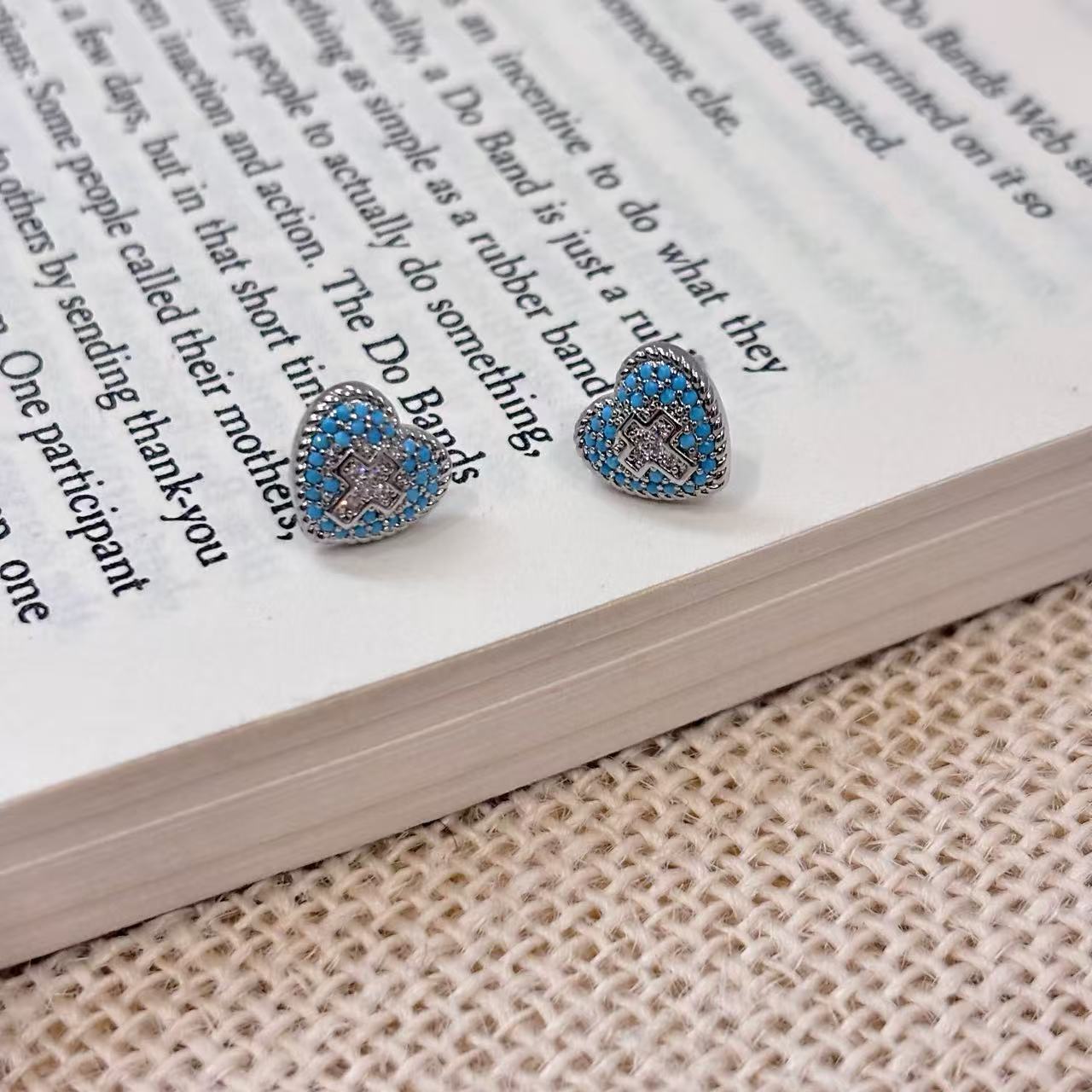 Blue Turquoise Cross Heart Trendy Light Luxury High-grade Earrings