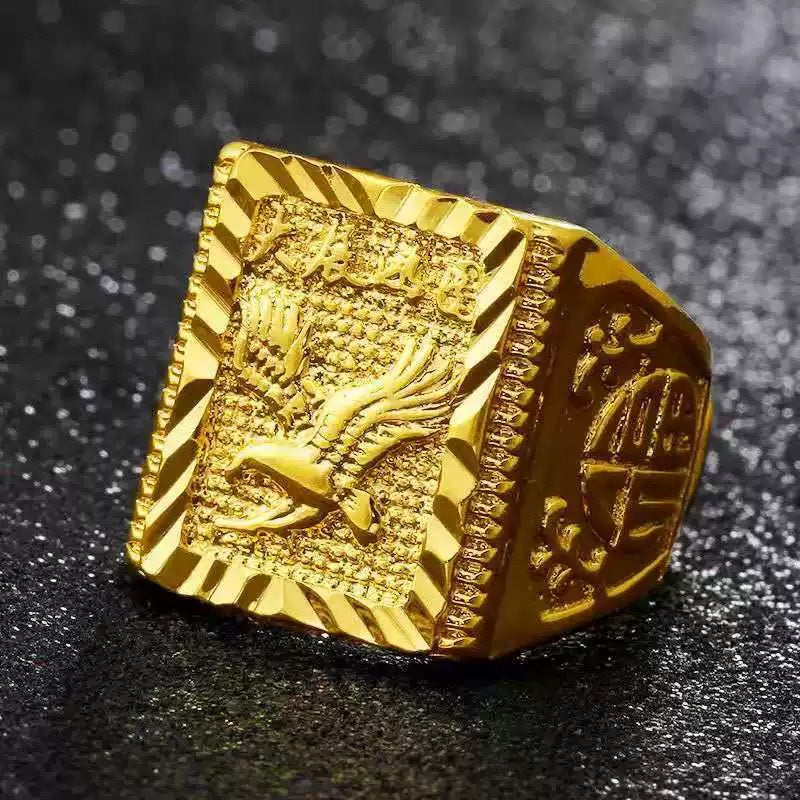Men's Hard Golden Wide Face Square Man's Solid Boss Domineering Rings