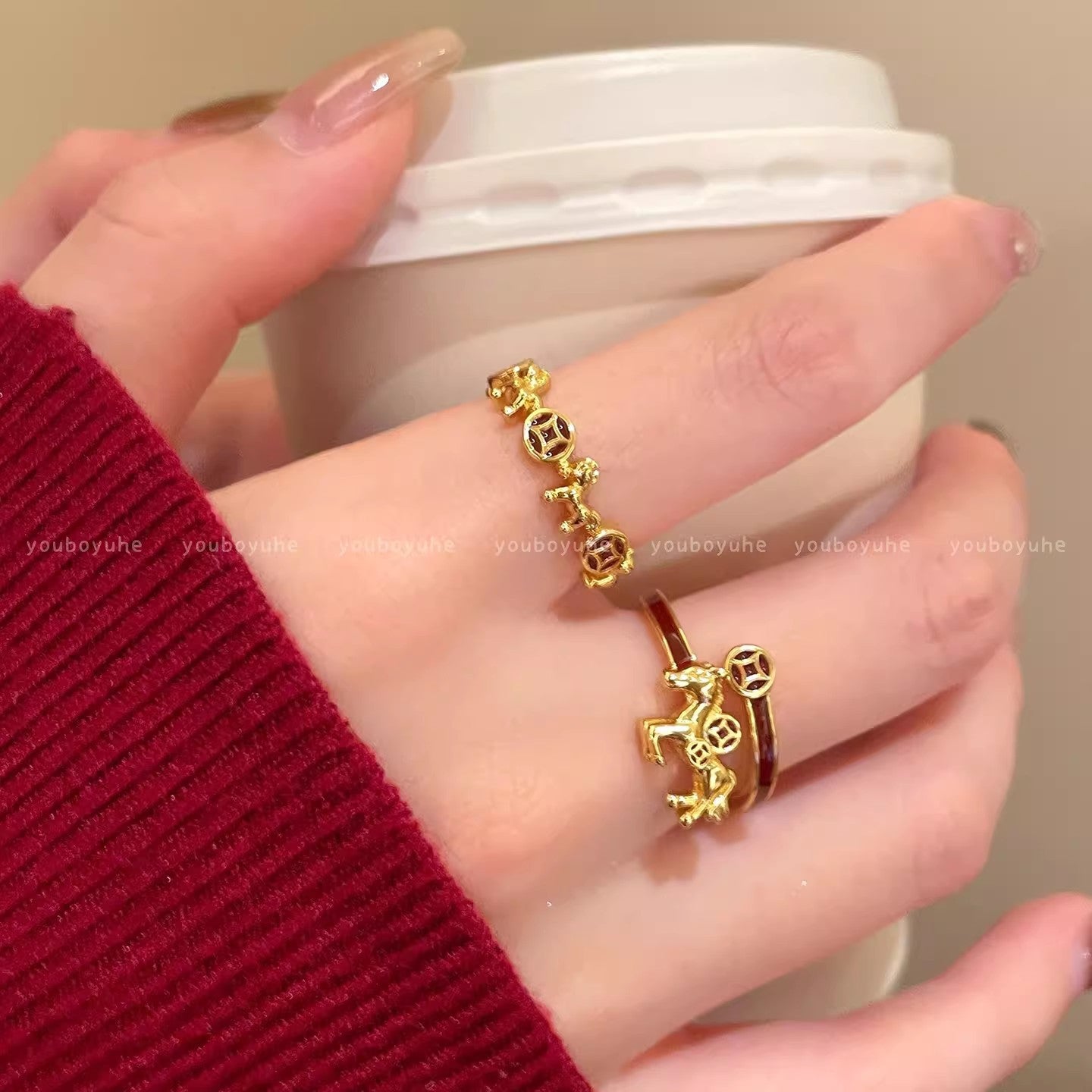 Women's Golden Pony Light Luxury High-grade Sense Twin Index Finger Ring