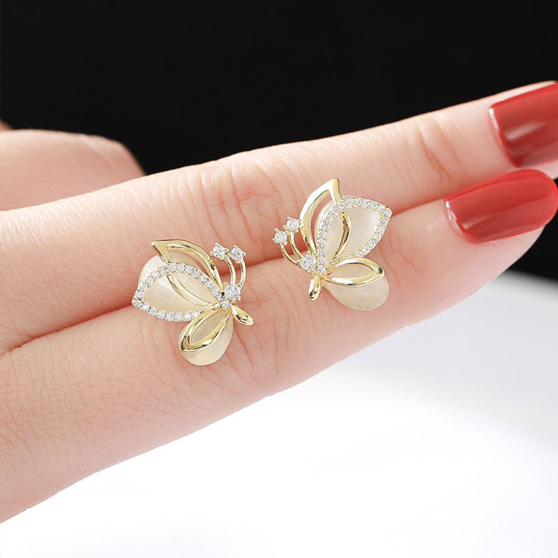 Women's Sier Needle Butterfly Opal Stone Ear Stud Earrings