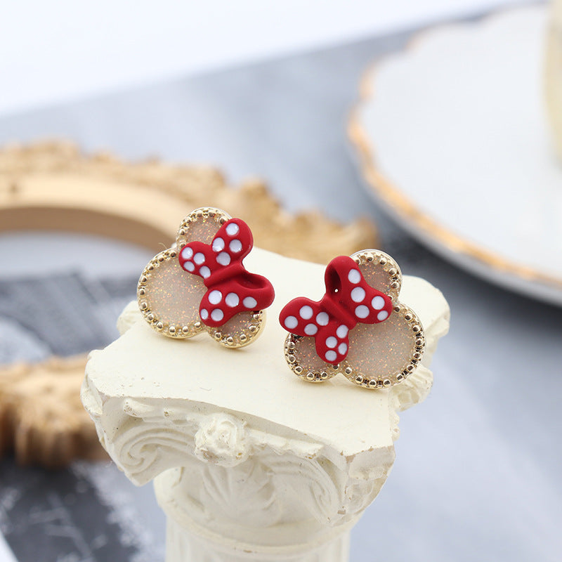 Creative Red Polka Dot Bow Cute Mickey Mouse Sweet Elegance Stud Earrings