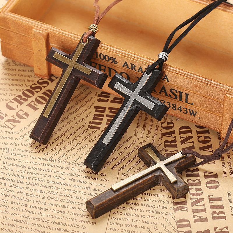 Retro Handmade Alloy Wood Cross Boys Necklace