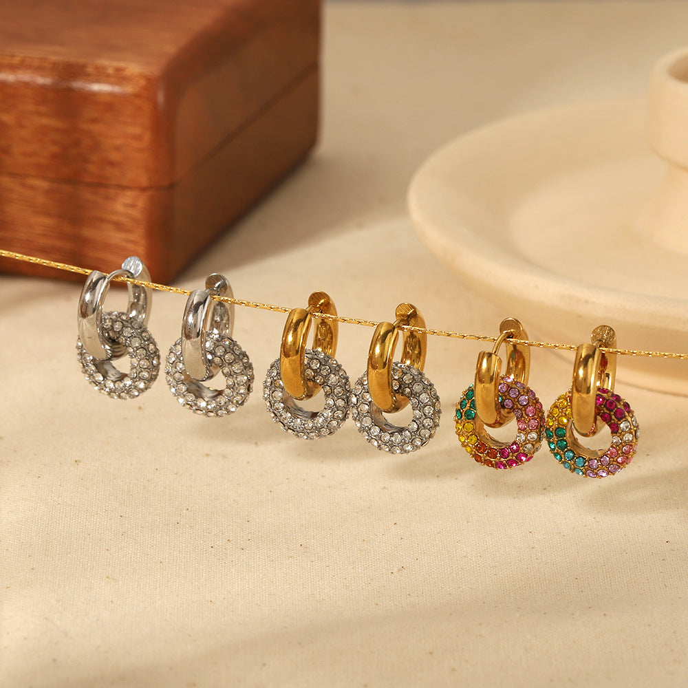 Stainless Steel Gold Colorful Diamond Round Earrings