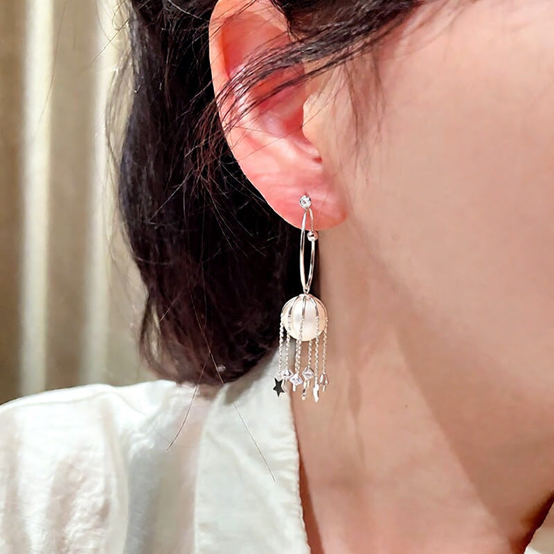 Sier Needle Retro Imitation Pearl Zircon Geometric Shaped Star Tassel Earrings