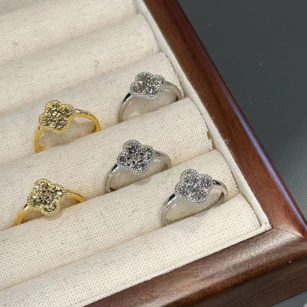 Korean Style Mush Ice Open Clover Sier Golden Rings