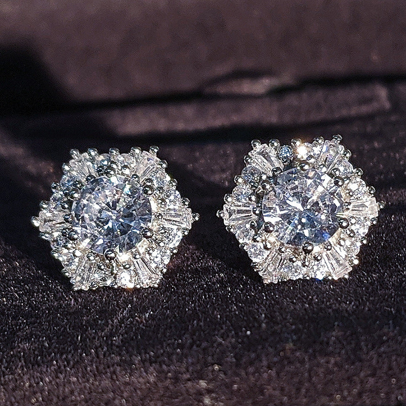 Women's Crystal White Zircon Hexagonal Retro Double Stud Earrings