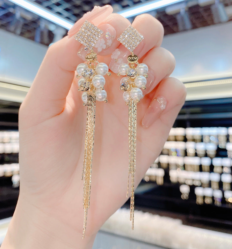 Needle Diamond Long Pearl Tassel Female Graceful Fashionable Rings