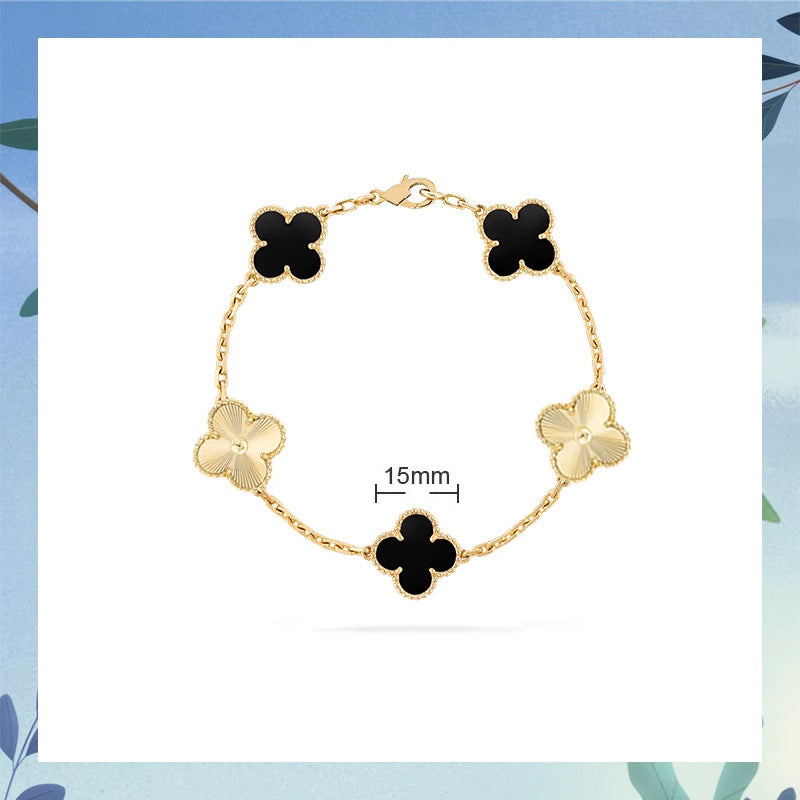 Women's Four-leaf Clover Rose Gold Red Agate Black White Shell Flower Bracelet