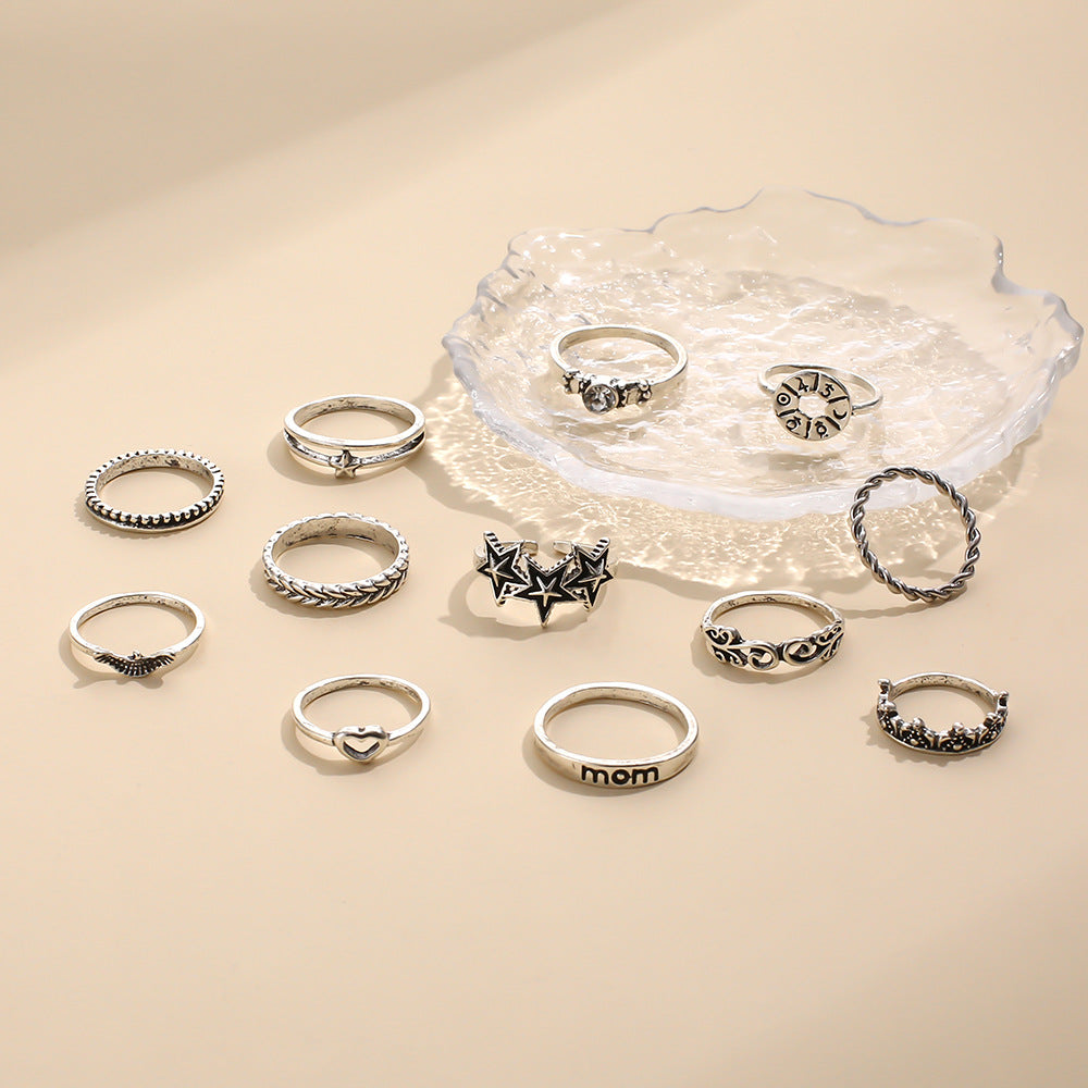 Fashion Compass Blackened Five-pointed Star Personality Crown Letters Assembly Rings