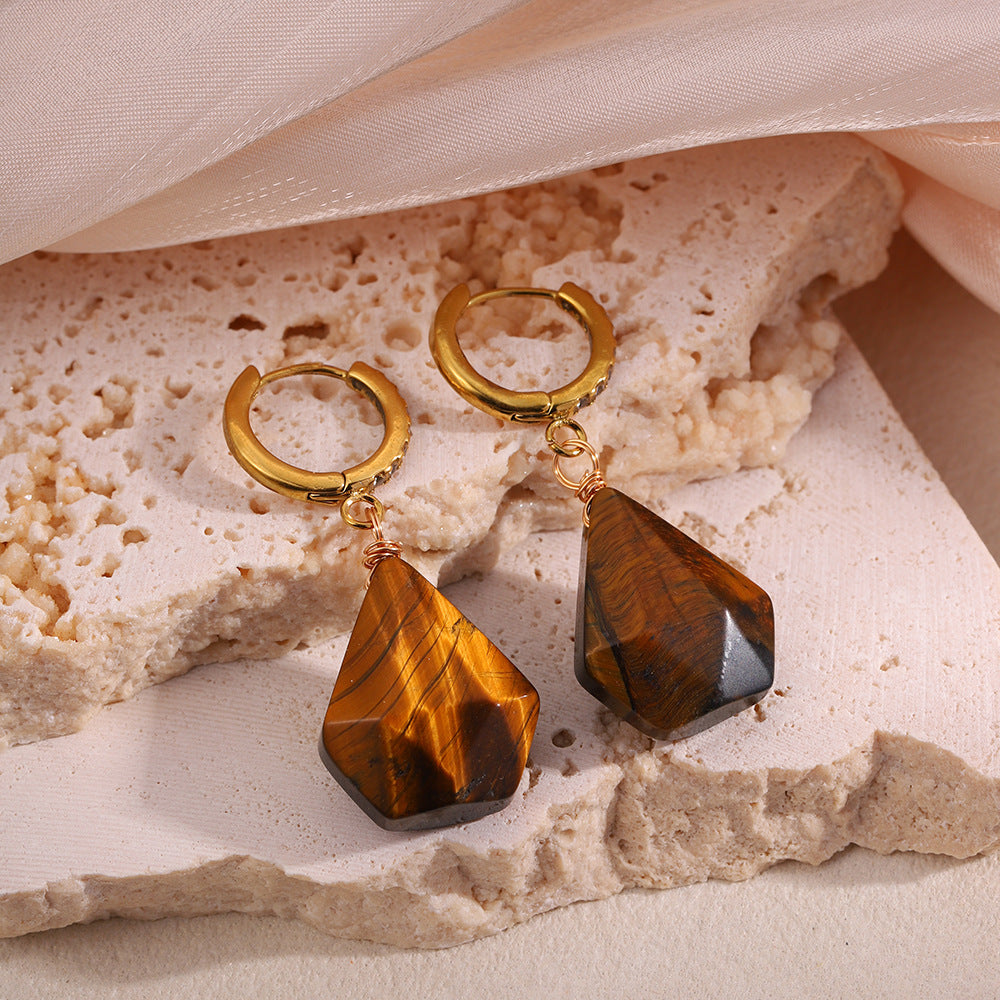 Women's Stainless Steel Waterproof Tigereye Gold Natural Stone Light Earrings