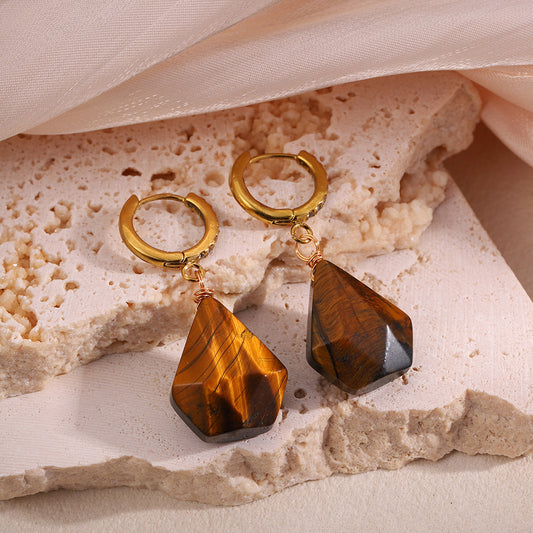 Women's Stainless Steel Waterproof Tigereye Gold Natural Stone Light Earrings