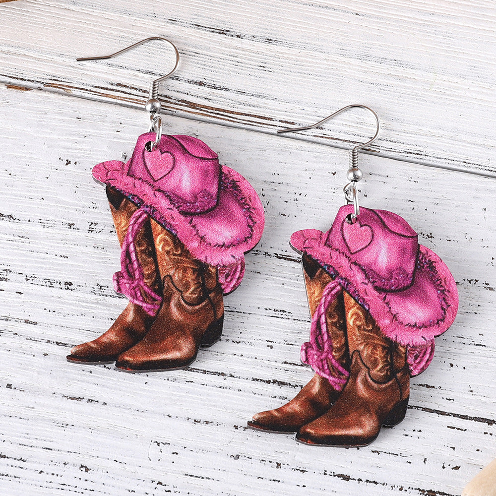 Women's Western Style Pink Denim Hat Cowboy Earrings