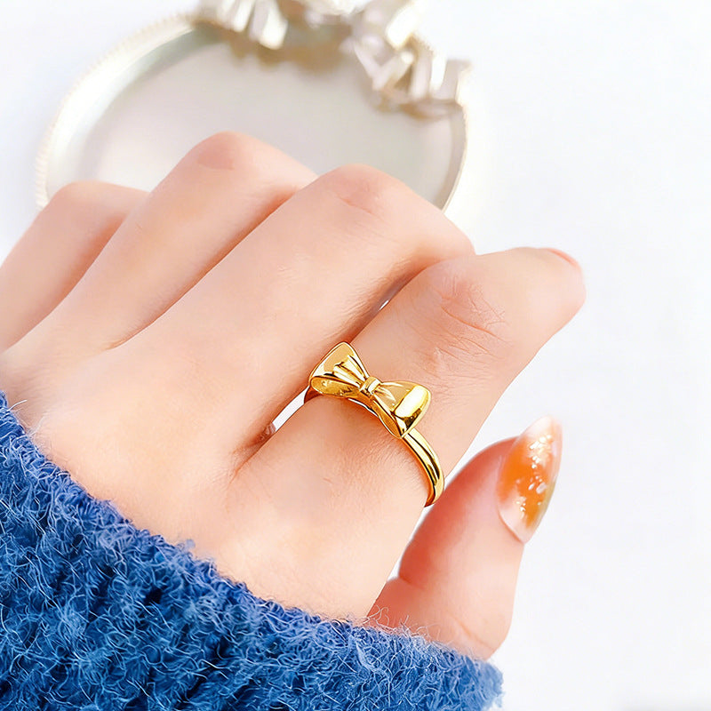 Simple Titanium Steel Bow Female Design Cute Girlfriends Gold Rings