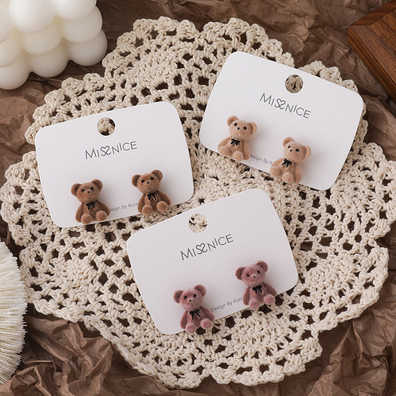 Cute Flocking Bow Bear Ear Cartoon Young Stud Earrings