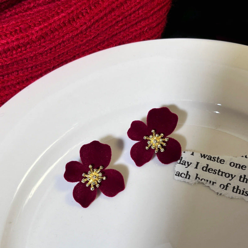 Women's Wine Red Flocking Bow French Retro Earrings